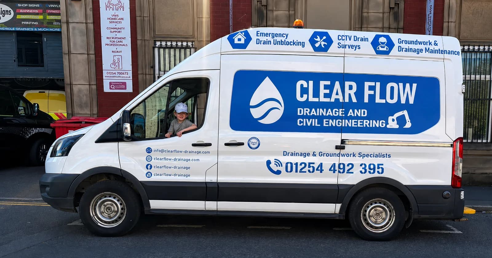 Clear Flow Drainage van on site in Lancashire